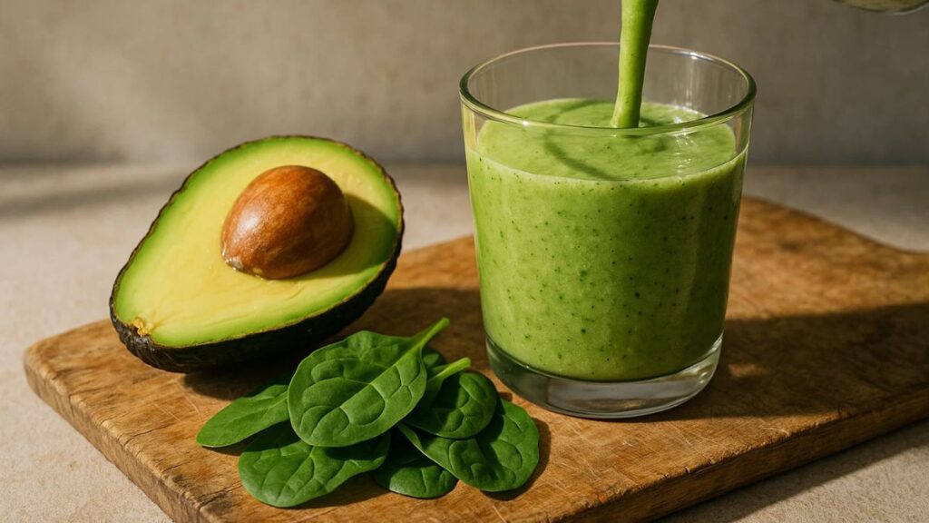 Avocado and spinach smoothie ingredients on a wooden board