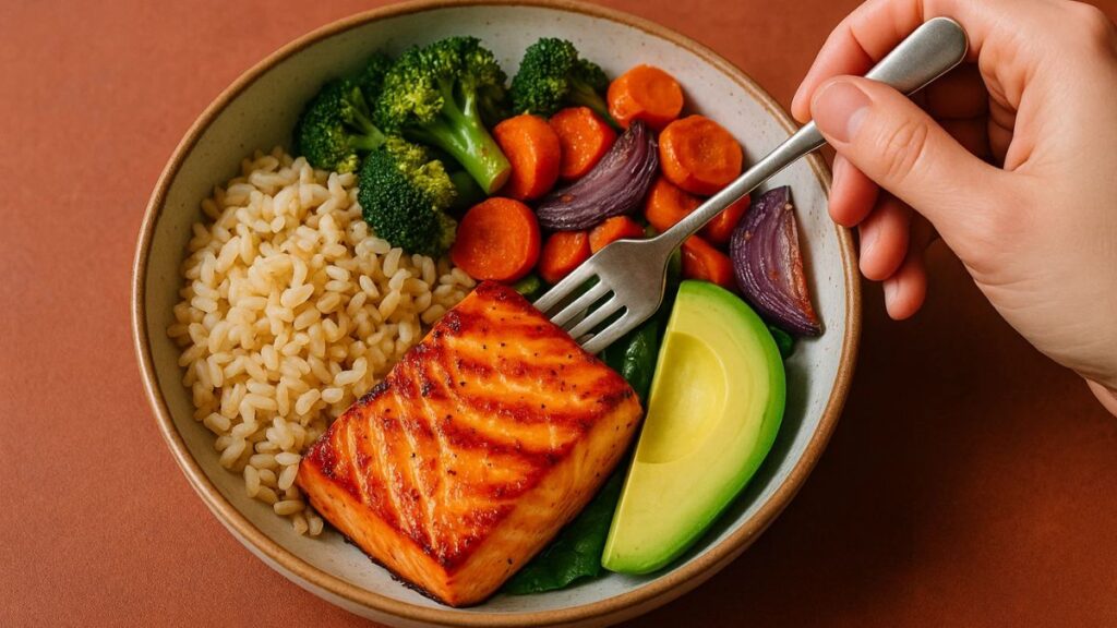 Balanced refeed plate with grains, protein, and vegetables for Day 6 of the plan