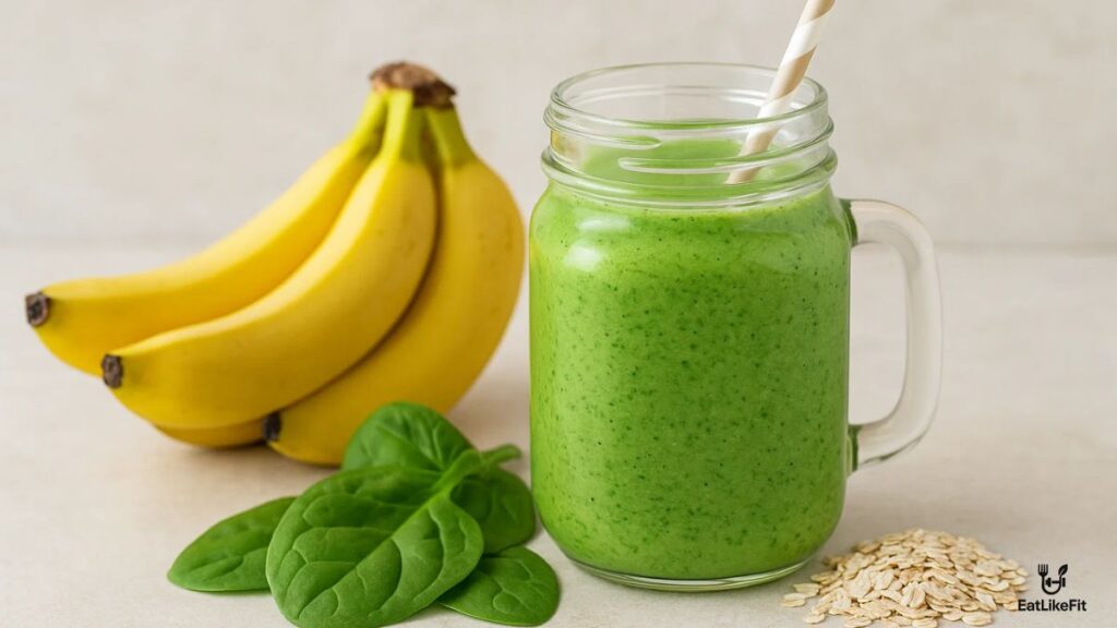 Banana spinach smoothie with oats, served in a mason jar.