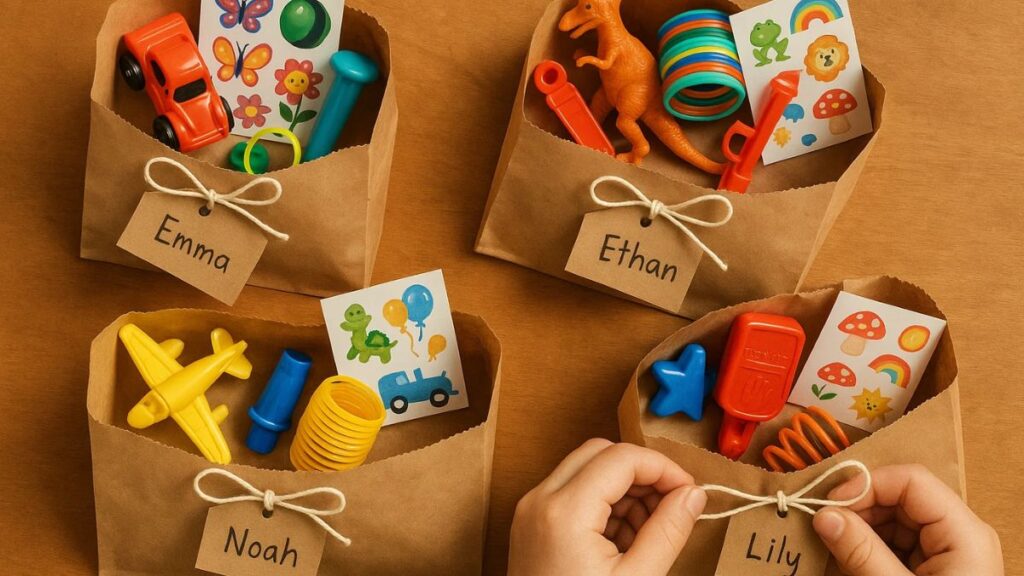 Boo Bucket toys sorted into simple party-favor bags on a wooden table