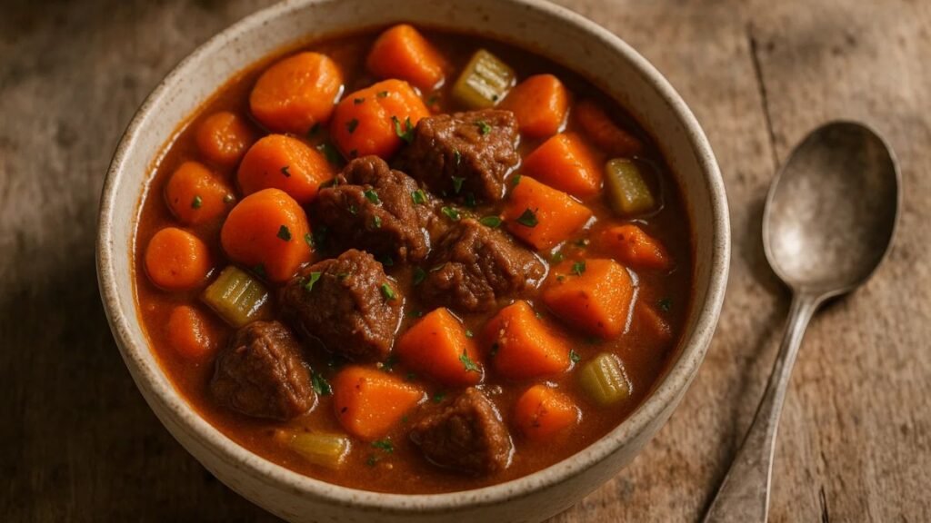 “Bowl of Paleo beef stew with carrots and sweet potatoes.”