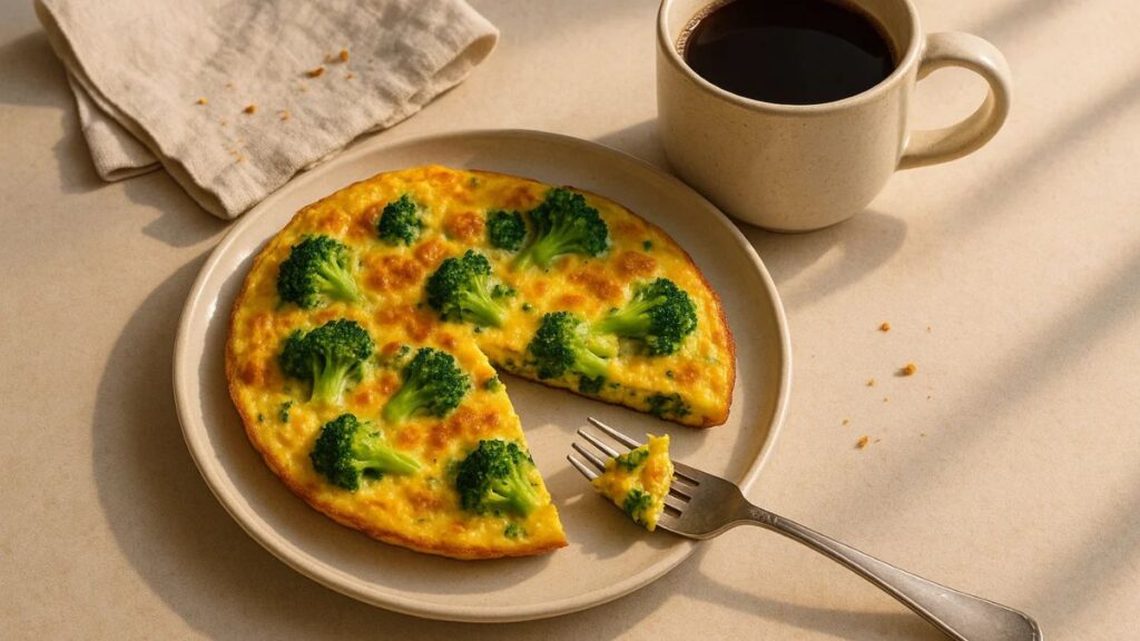 Broccoli omelet on a plate with a bite taken and morning coffee.