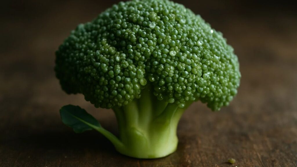 Close-up of a fresh broccoli floret showing texture and water droplets.”