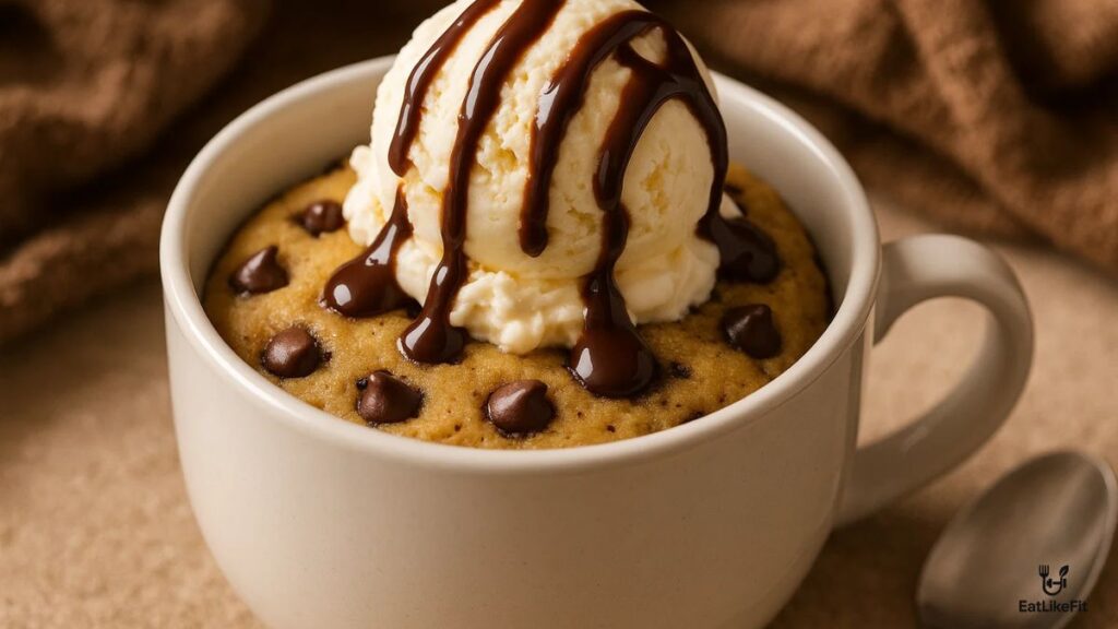 Chocolate chip mug cake topped with ice cream and chocolate drizzle.