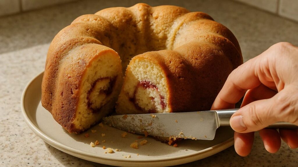 Close-up of a slice of white chocolate raspberry bundt cake showing soft swirl of raspberry.