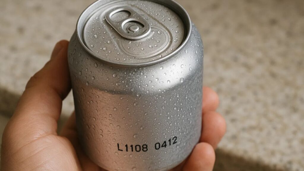 Close-up of a soda can showing the printed lot code and production markings.
