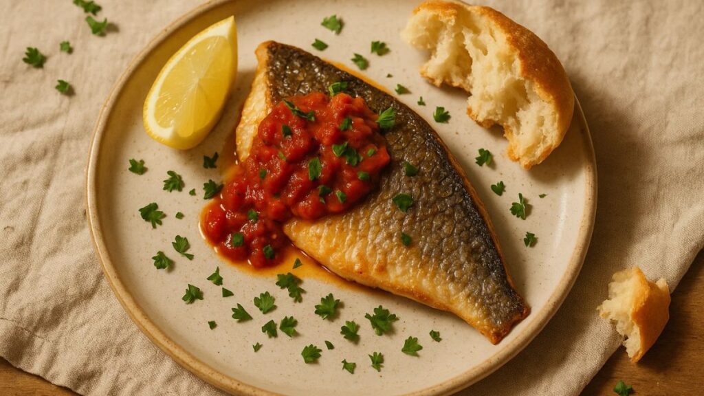 Crisped dorade topped with smoky tomato sauce