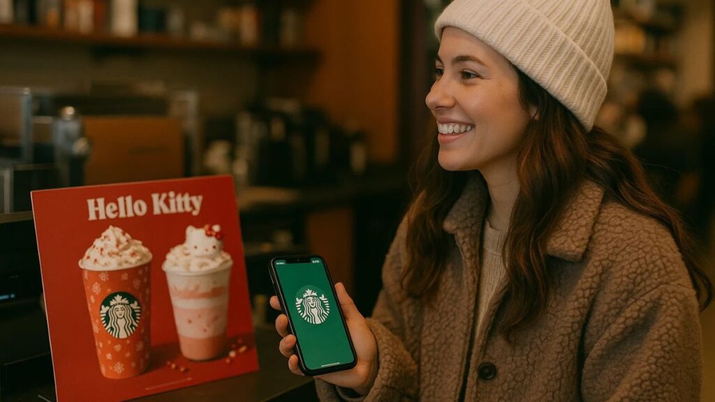 Customer ordering a Hello Kitty holiday drink using the Starbucks app.