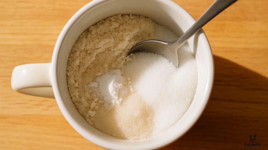 Dry ingredients being mixed in a mug for chocolate chip mug cake.