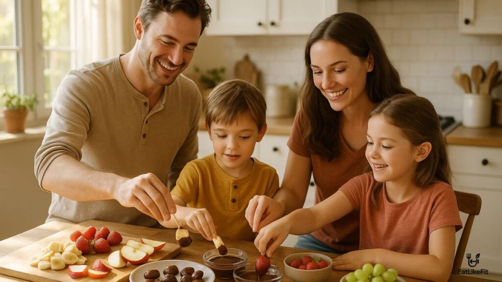 Family making safe homemade fruit snacks in the kitchen.
