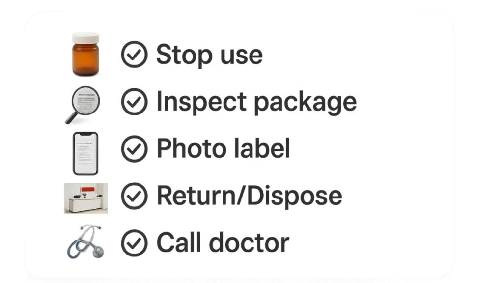 Five-step checklist: stop use, inspect packaging, photograph label, return or dispose, contact doctor.