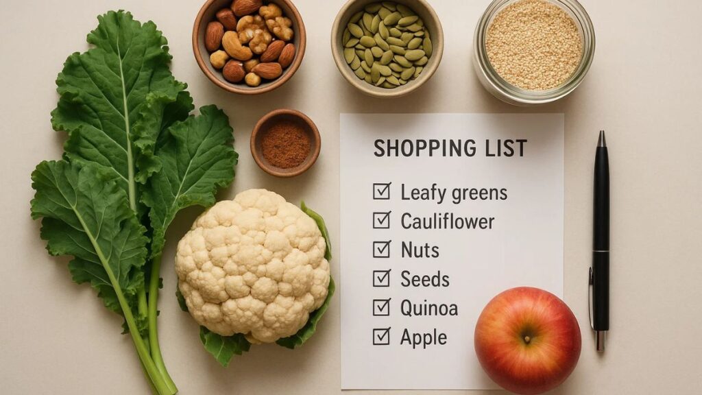 Flat-lay of groceries for a 7-day fasting-mimicking plan