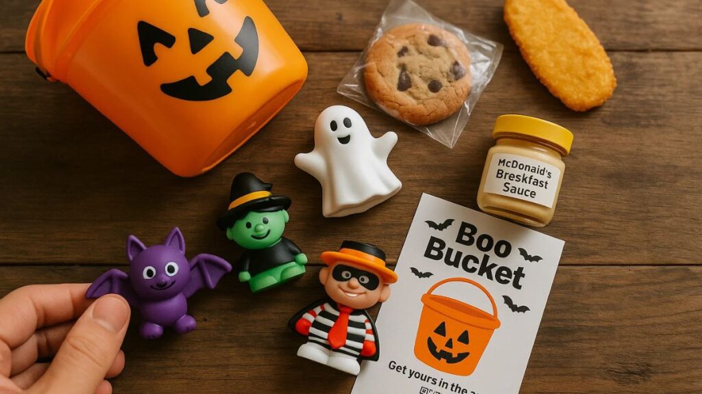 “Flatlay of Boo Bucket toys, a small snack, promo card, and a jar labeled ‘McDonald’s breakfast sauce’.”