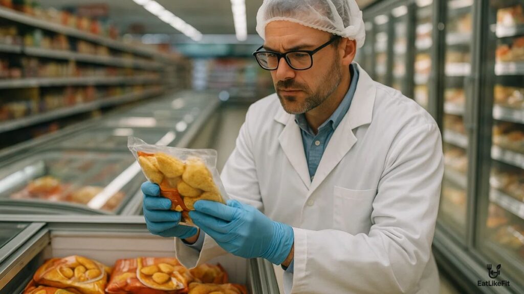 Food safety inspector checking frozen snack packages in a grocery store.