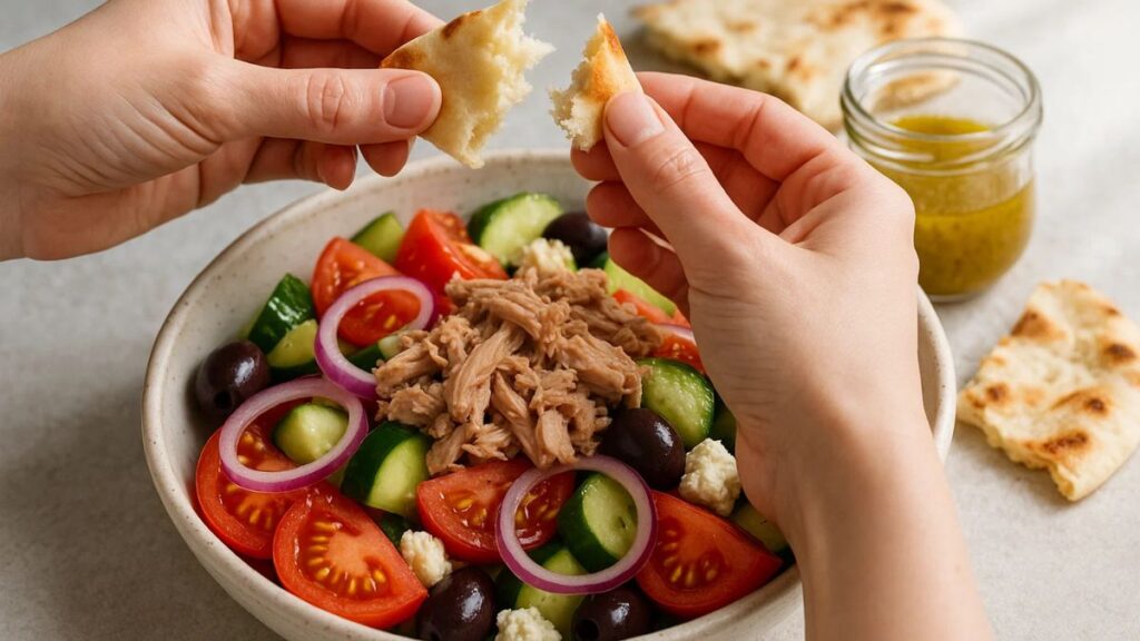Greek salad with tuna, kalamata olives and pita