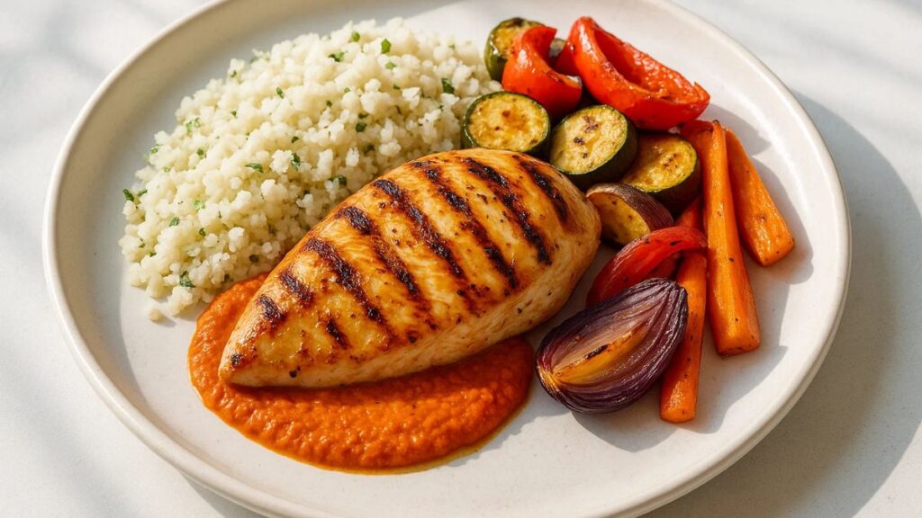 Grilled chicken with romesco sauce and cauliflower