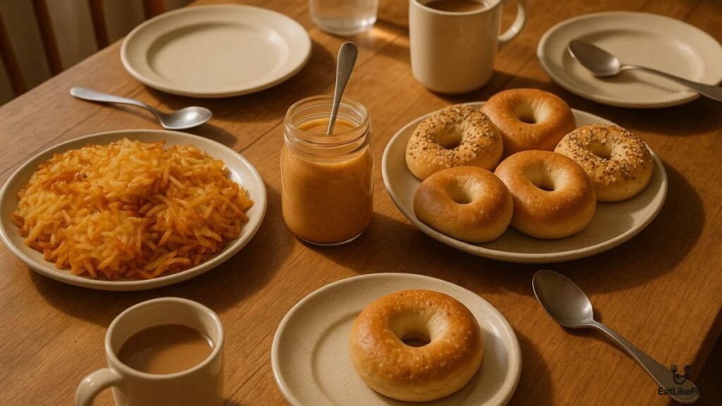 Homemade McDonald’s breakfast sauce served at a breakfast table with bagels and hash browns