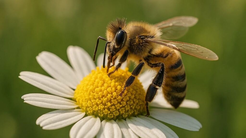 Honeybee pollinating a flower in natural daylight.