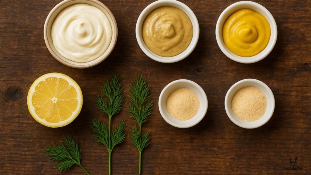Ingredients for making McDonald’s breakfast sauce copycat recipe arranged on a wooden table