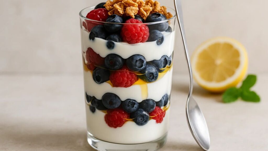 Layered Greek yogurt parfait with fresh berries