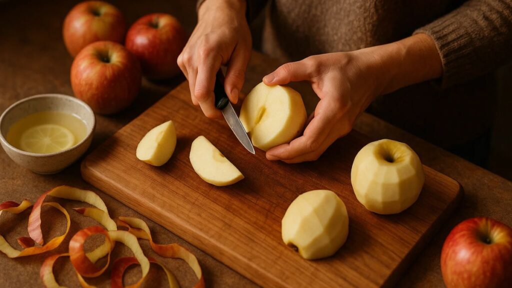 Peeling and slicing fresh apples for homemade pie filling.