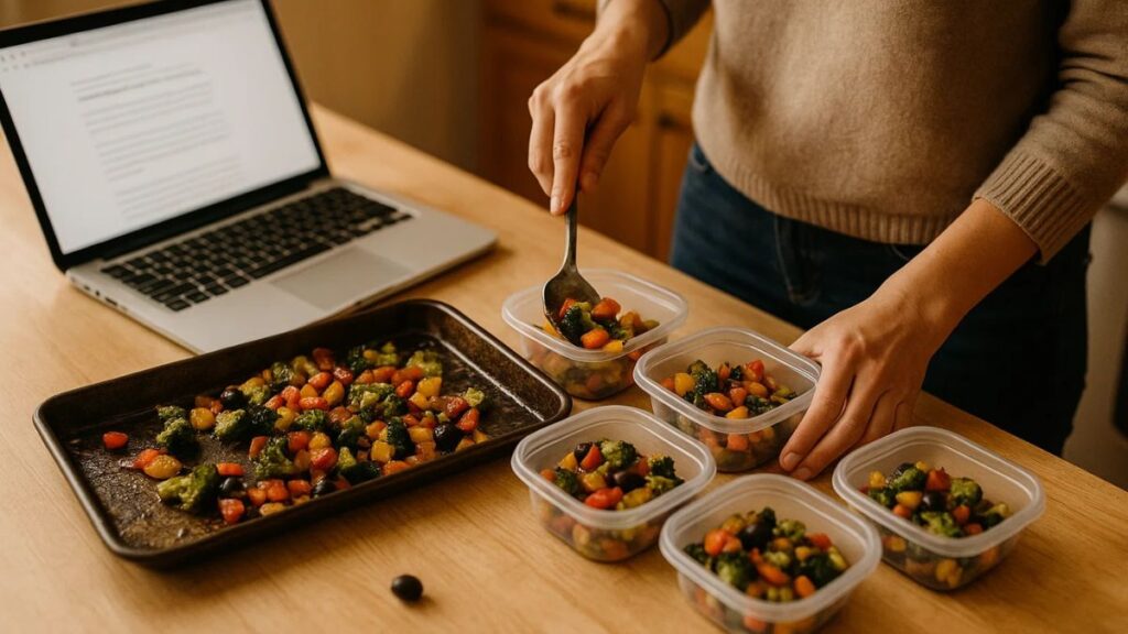 Person portioning roasted vegetables into meal prep