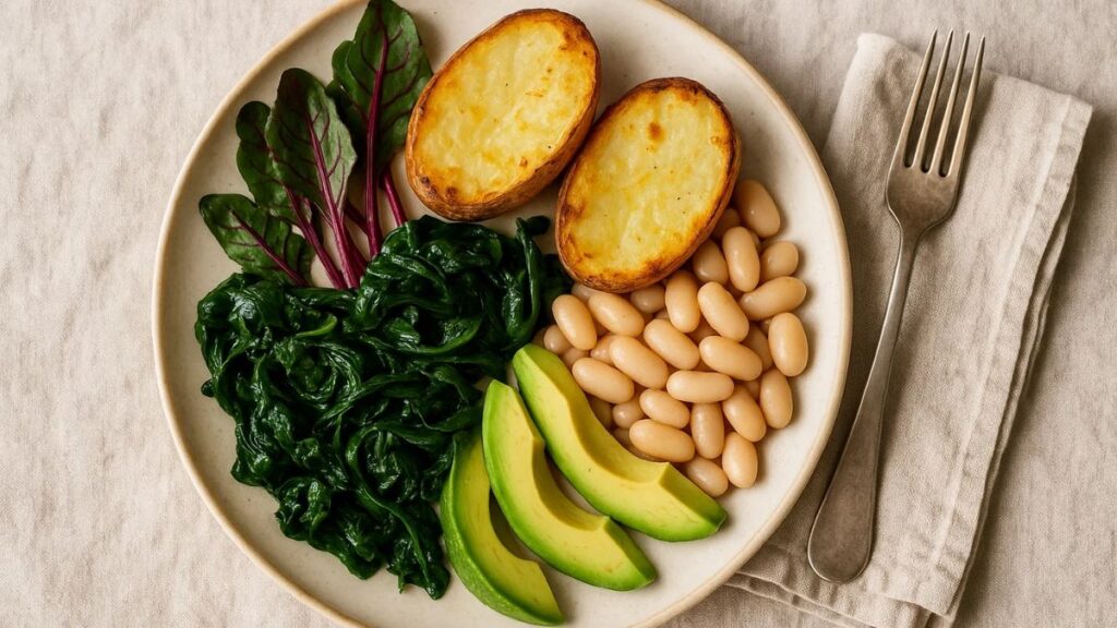 Plate of potassium-rich foods including spinach, avocado, beans, and baked potato