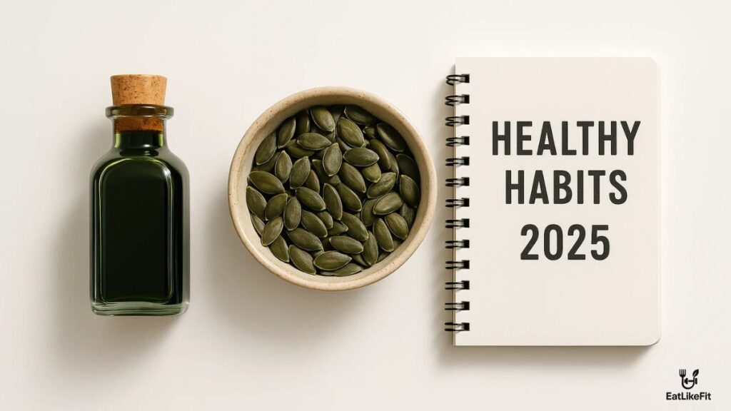 Pumpkin seed oil bottle with seeds and a healthy habits note.