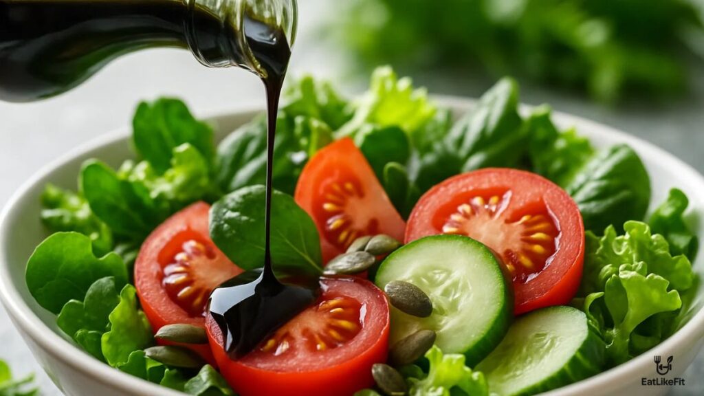 Pumpkin seed oil drizzled over a fresh vegetable salad.