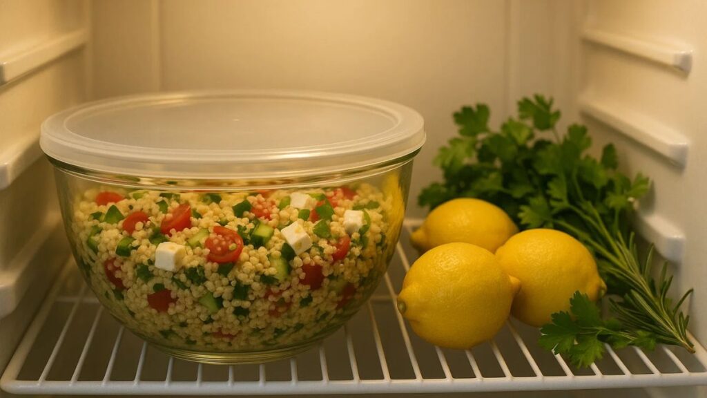 “Quinoa salad chilling in a glass bowl inside a refrigerator before serving.”