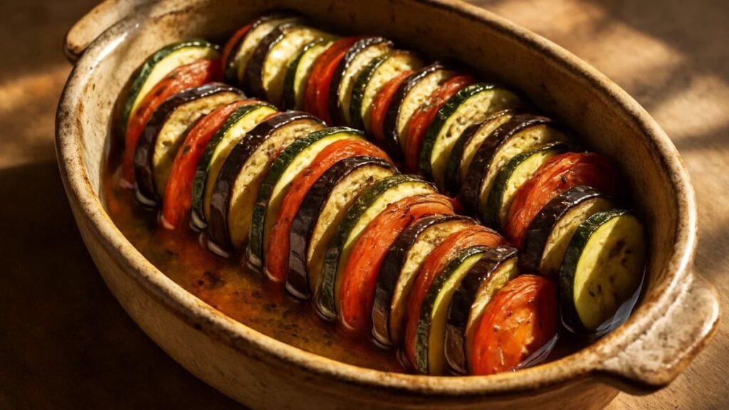 “Rustic Paleo ratatouille with zucchini, eggplant, and tomatoes.”