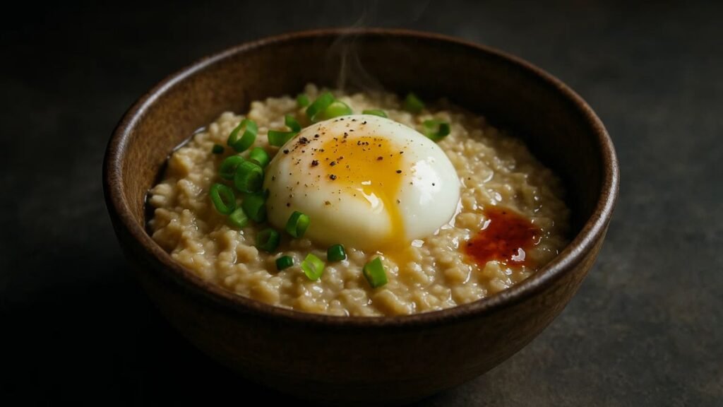 Savory oatmeal topped with a soft-poached egg