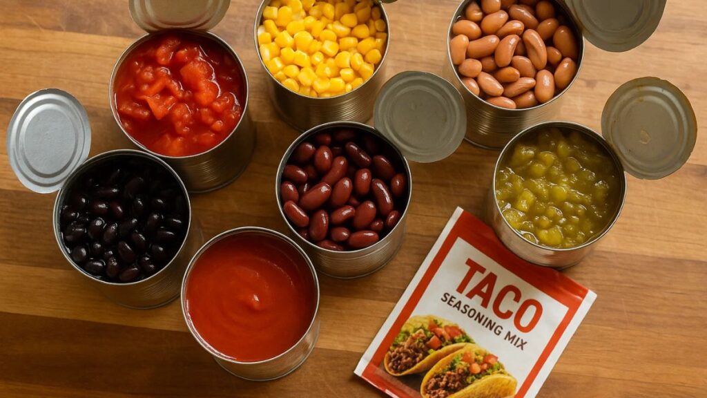 Seven cans of ingredients arranged for making taco soup