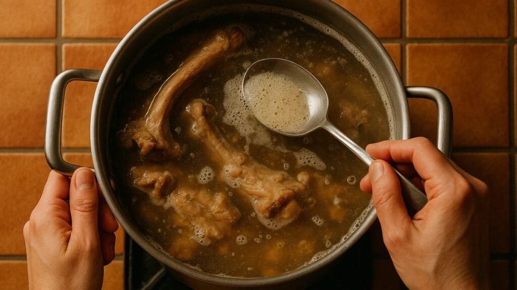 large pot of simmering bone broth with bones and a wooden spoon.