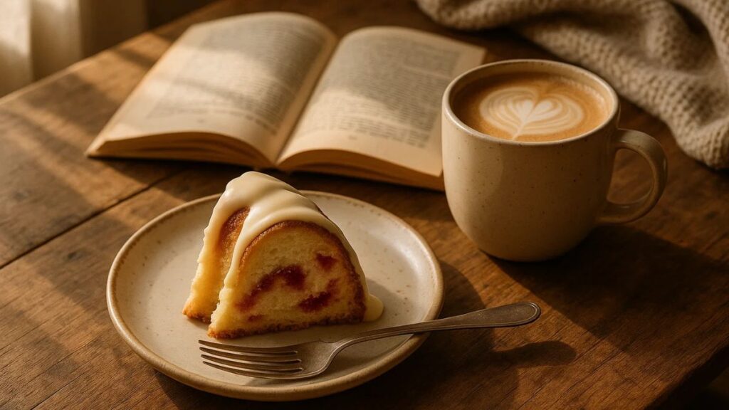 Slice of white chocolate raspberry bundt cake served with coffee in a cozy morning setting.