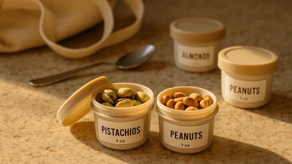 Small reusable snack cups portioned with pistachios and peanuts
