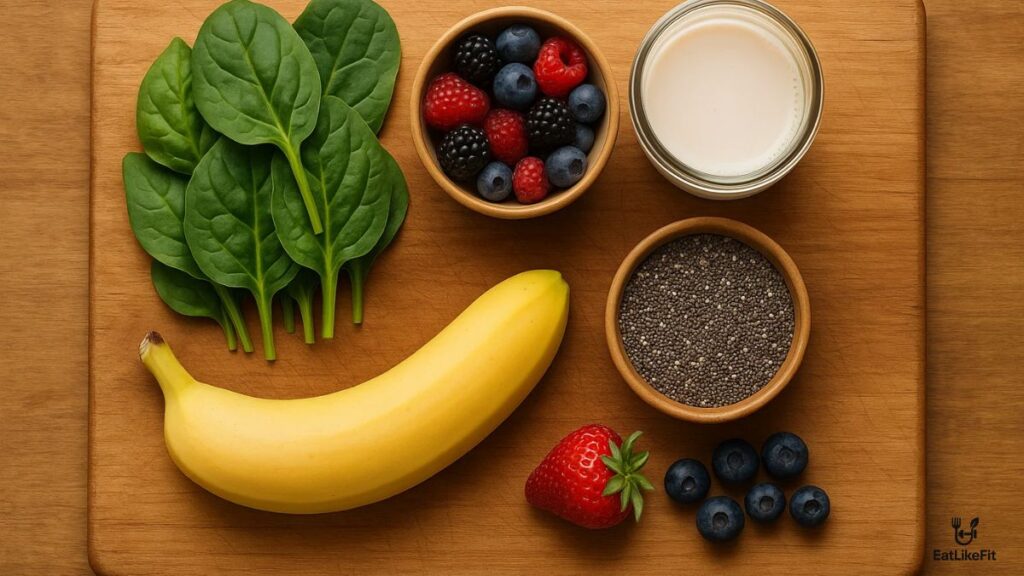 Smoothie ingredients including spinach, berries, banana, chia seeds, and almond milk.