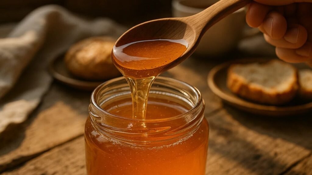 Spoon dipping into raw honey jar in morning light.