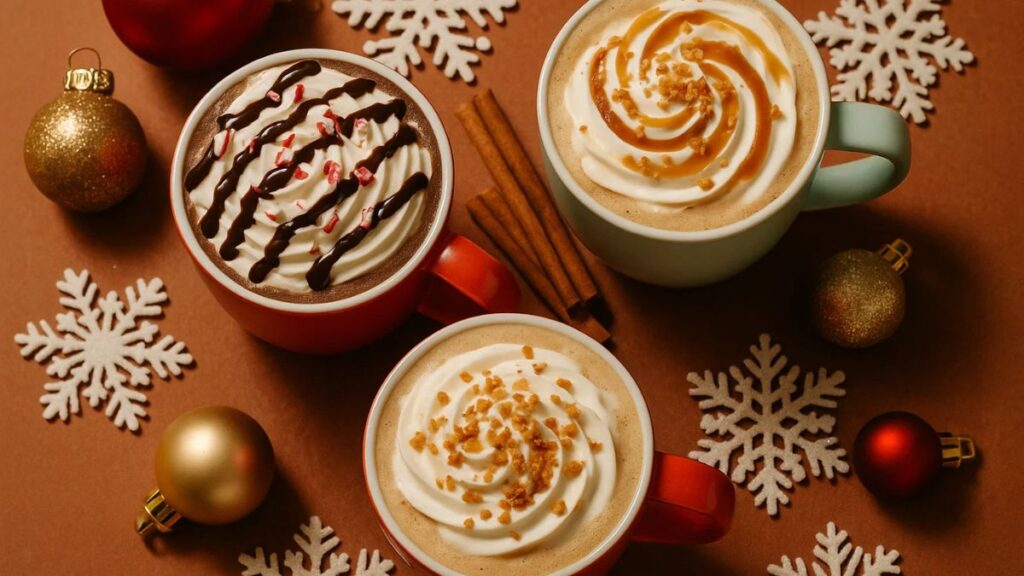 Starbucks classic holiday drinks like Peppermint Mocha and Caramel Brûlée Latte on a festive table.