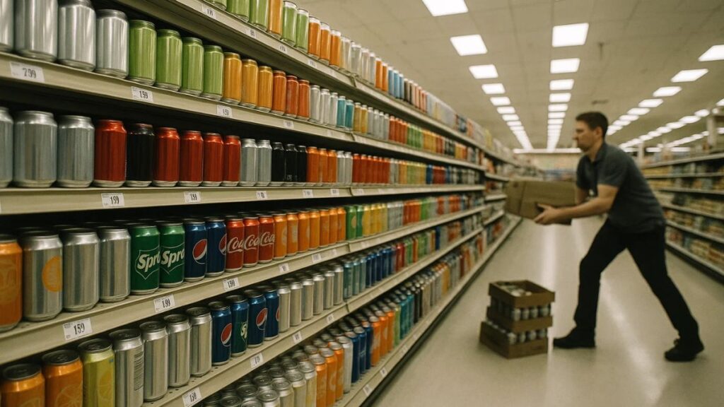 Store worker removing beverage cases from a supermarket shelf during a recall.