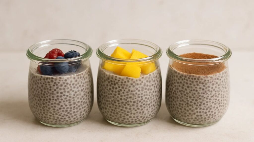 Three jars of chia pudding with fruit toppings