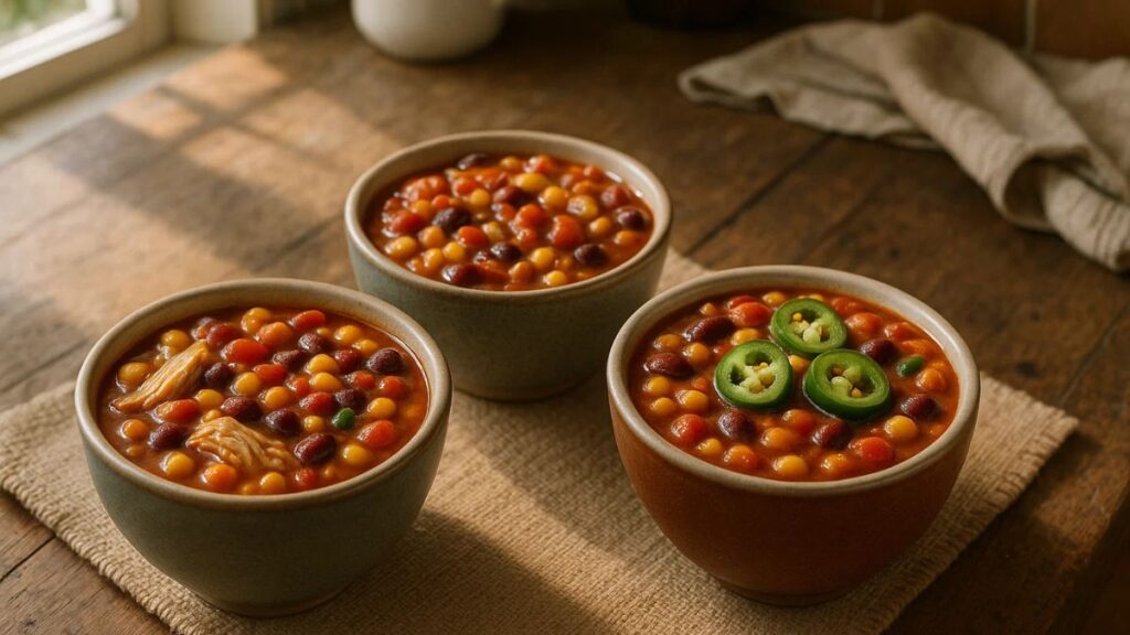 Three variations of Seven Can Taco Soup with different toppings and proteins.