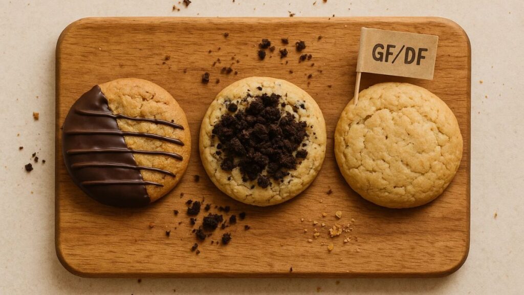 Trio of cookies: chocolate-dipped, Oreo-cheesecake, and gluten-free/dairy-free option.