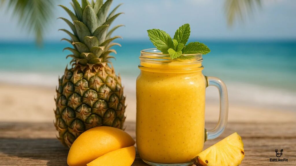 Tropical pineapple and mango smoothie in a glass jar with mint garnish