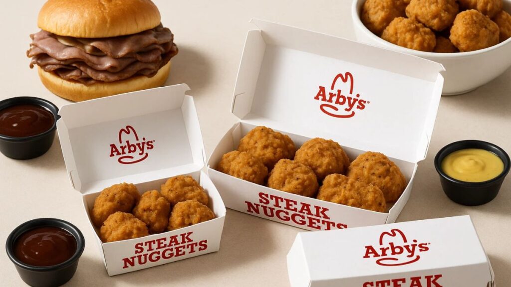 “Variety of Arby’s Steak Nuggets servings including boxes, sandwich, and bowl.”