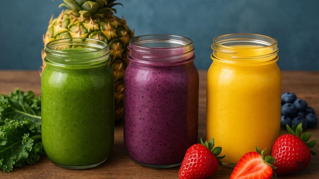 “Variety of colorful smoothies with fresh fruits on a rustic wooden table.”