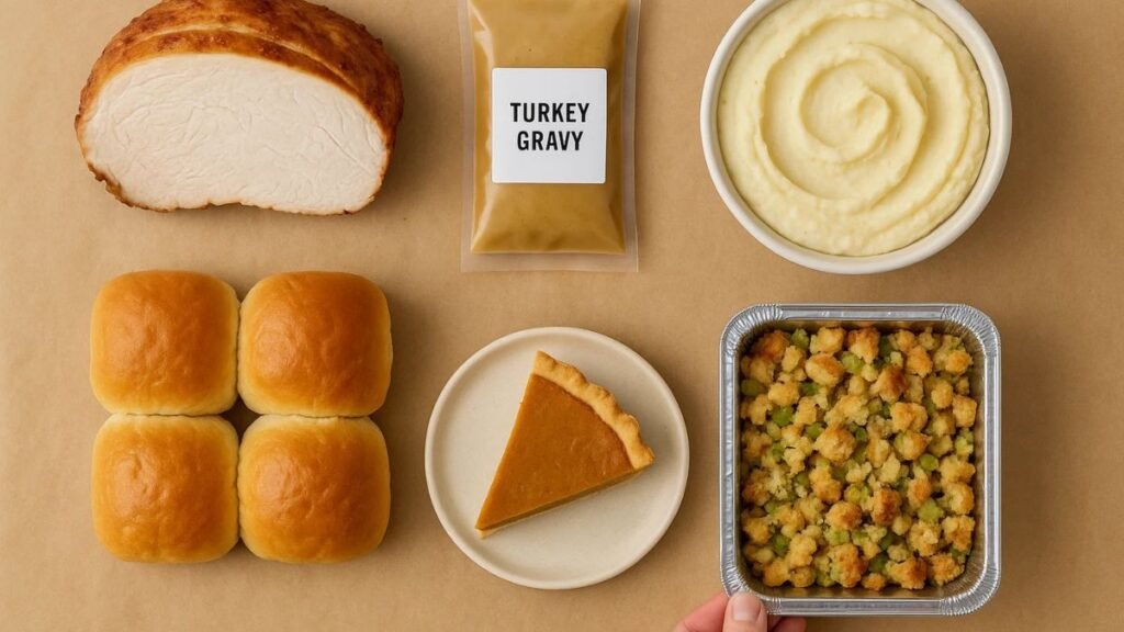 Top-down view of Aldi Thanksgiving kit components: turkey, sides, gravy and dessert