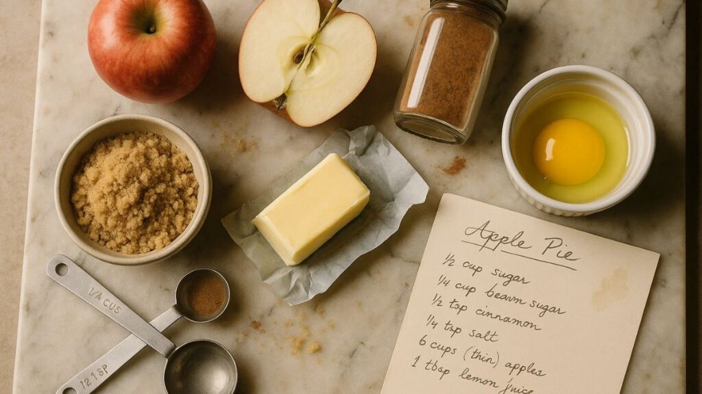 Flatlay of apples, brown sugar, butter and cinnamon for apple cake recipe