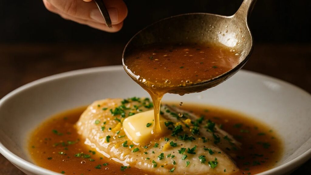 Ladle pouring glossy broth over cabbage with butter and lemon finish