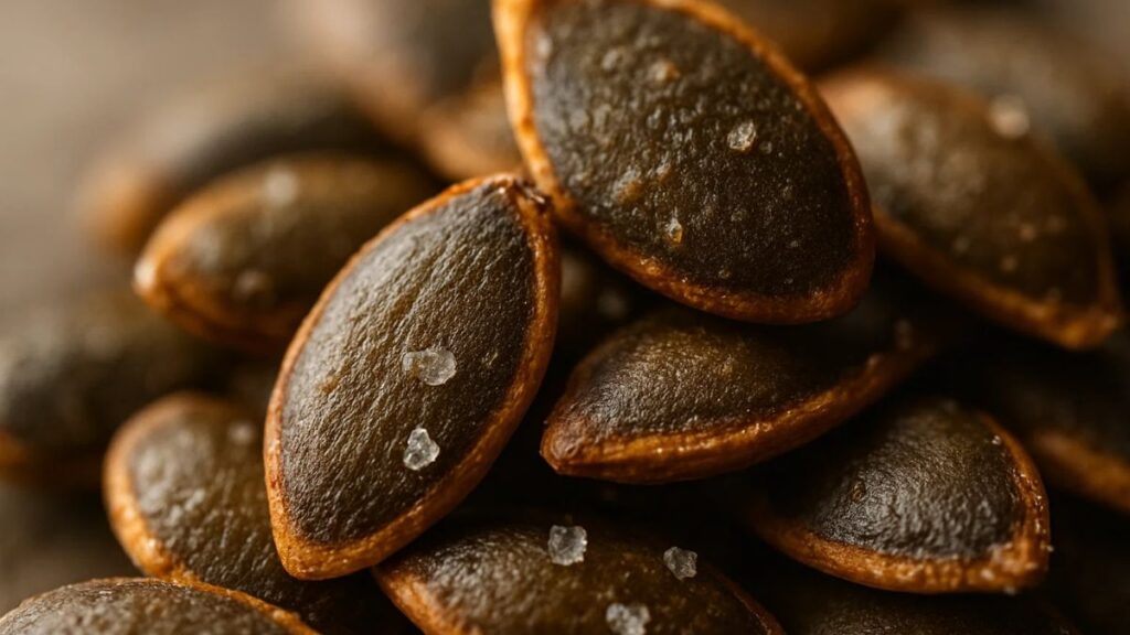 Close-up of golden roasted pepitas showing crunchy texture and light salt crystals.